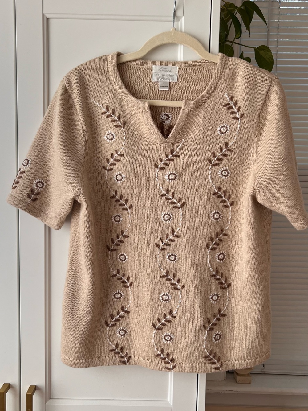 Christopher & Banks Beige Short-Sleeve Embroidered Knit Top
